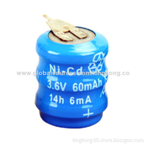 NiCd Button-cell Battery, 3.6V Voltage, 60mAh Battery Capacity